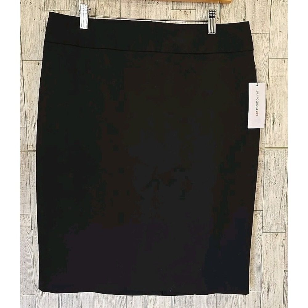 Liz‎ Claiborne Skirt 12 Black Sateen Lined Pencil Style Skirt Back Zipper NEW